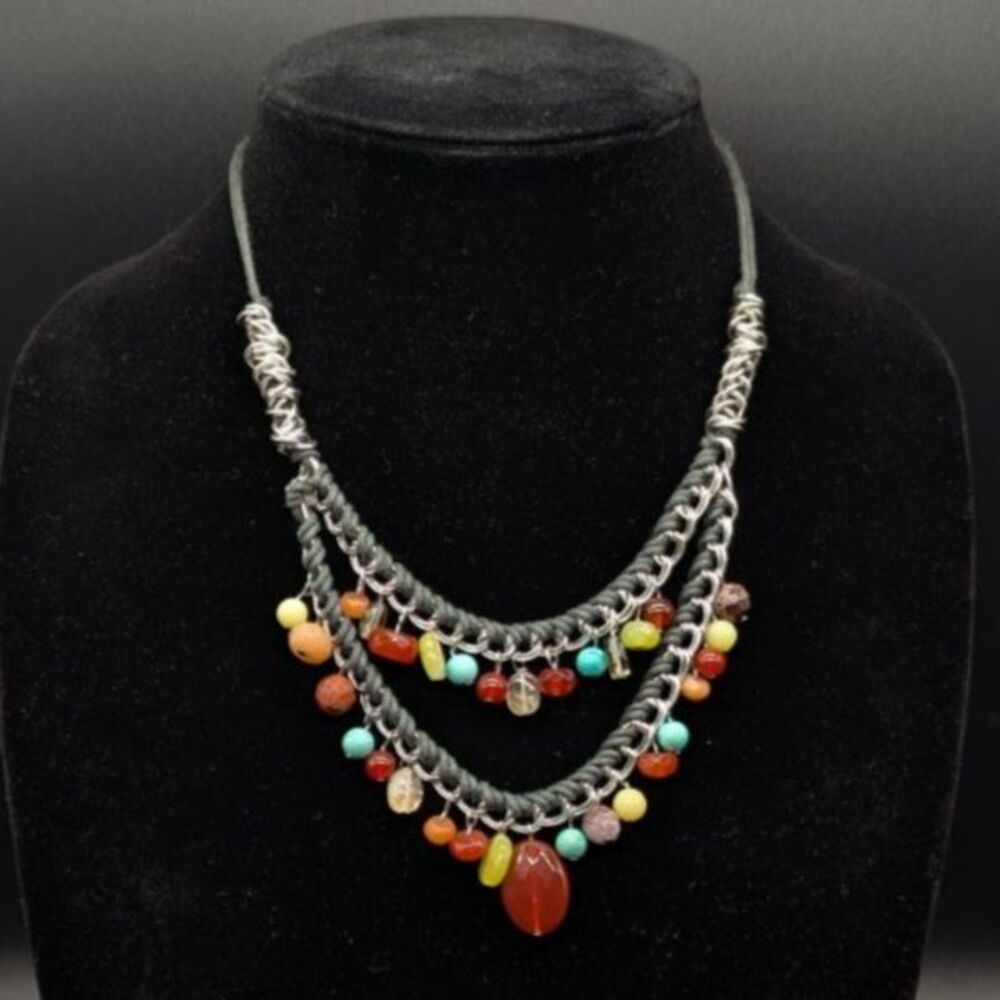 J. Jill Two Strand Beaded Necklace Black Cord Brown Turquoise Multi-Color 17-20”